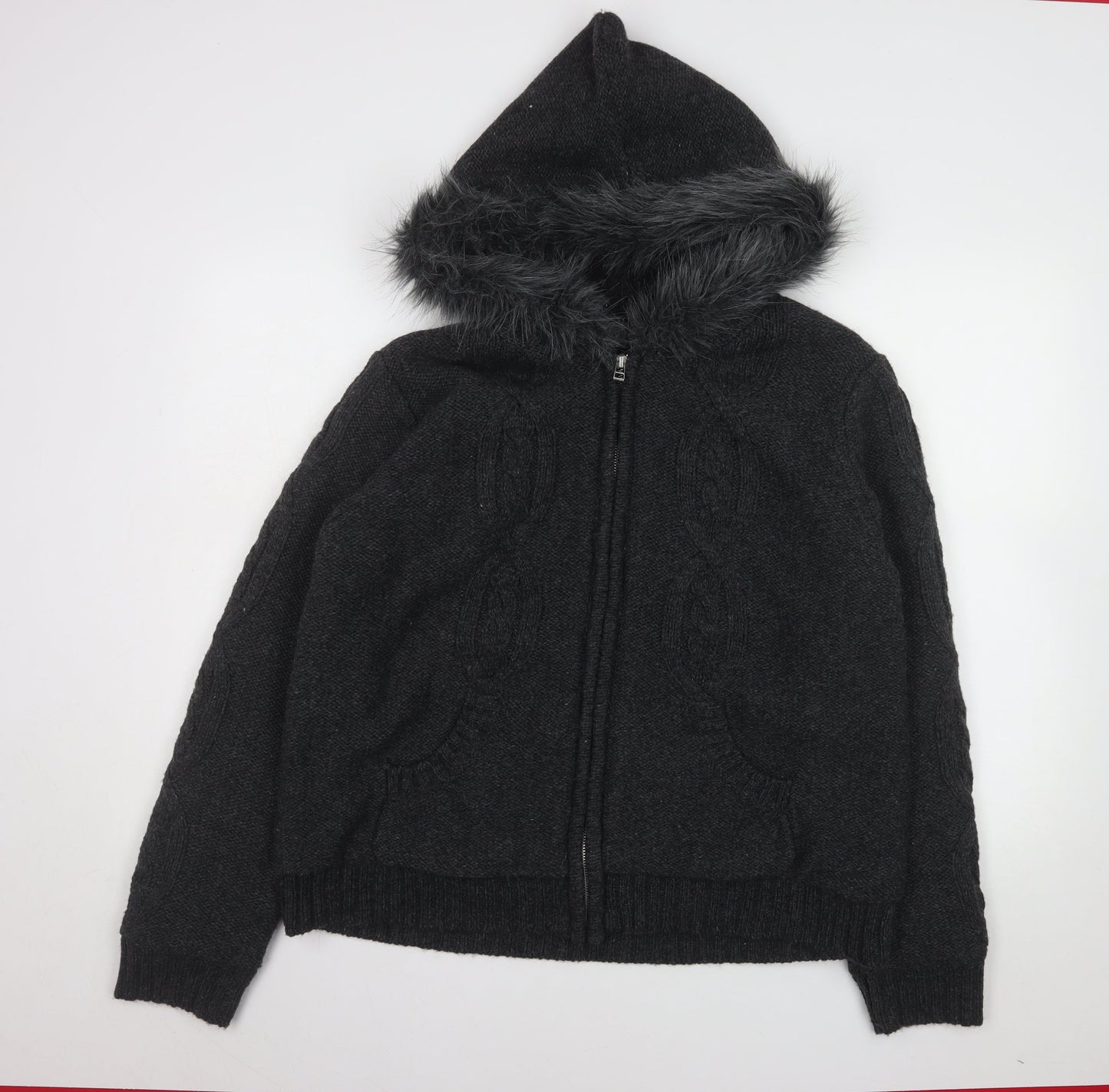 TU Women Black Faux Fur Hooded Knit Jacket Size 20