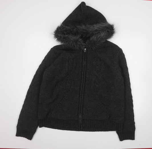 TU Women Black Faux Fur Hooded Knit Jacket Size 20
