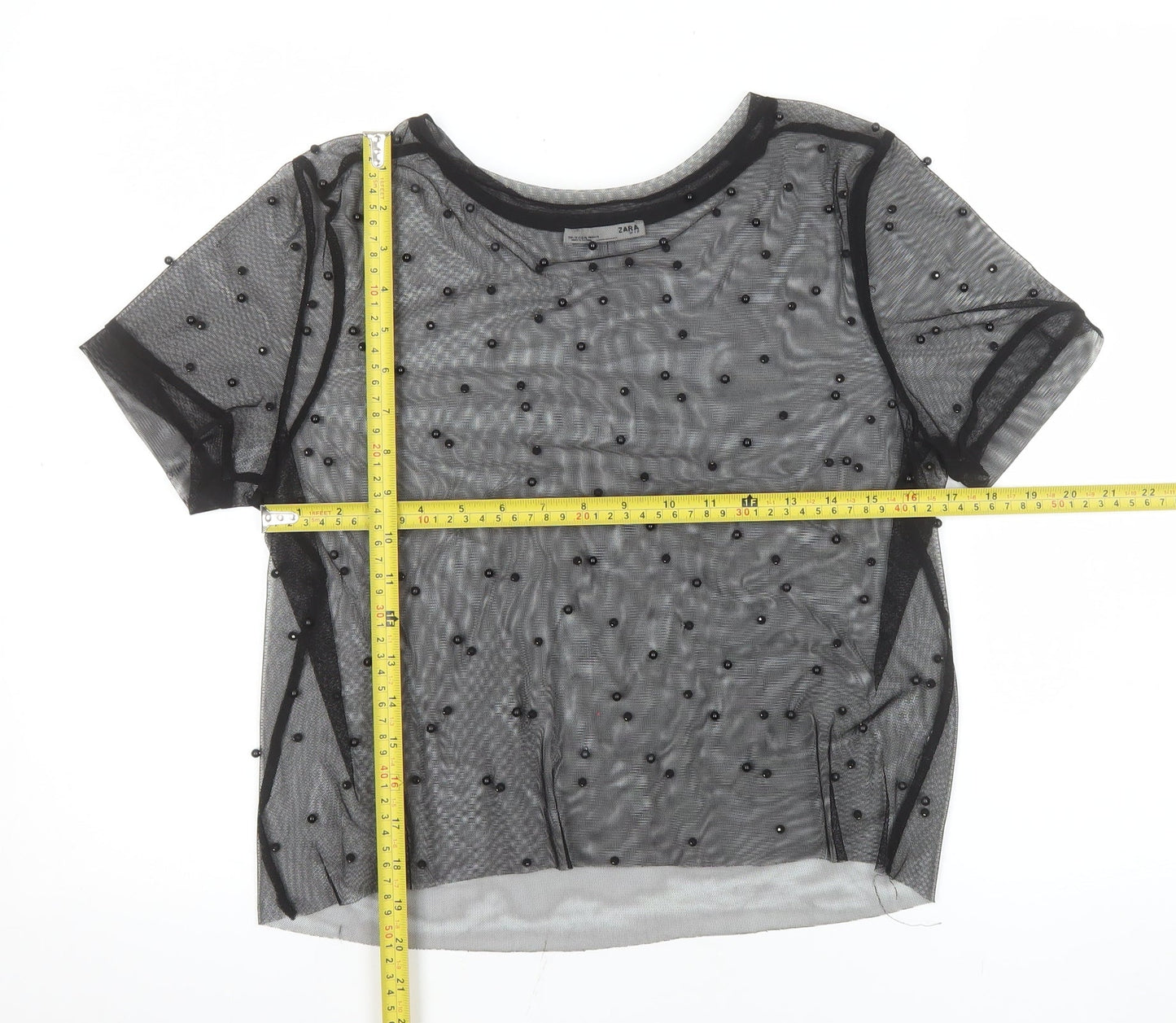 Zara Women Black Beaded Mesh Short Sleeve Sheer Top M