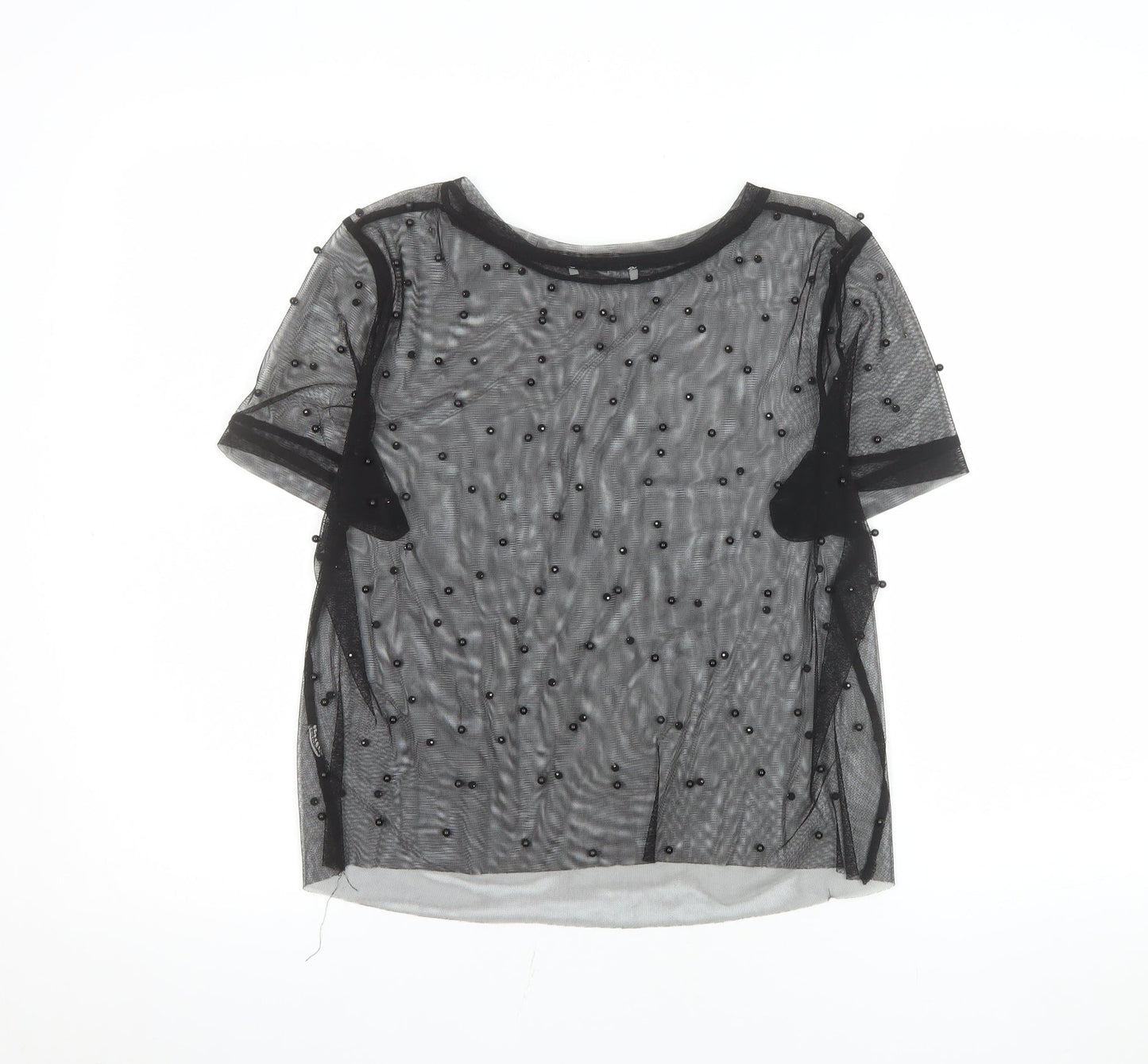 Zara Women Black Beaded Mesh Short Sleeve Sheer Top M