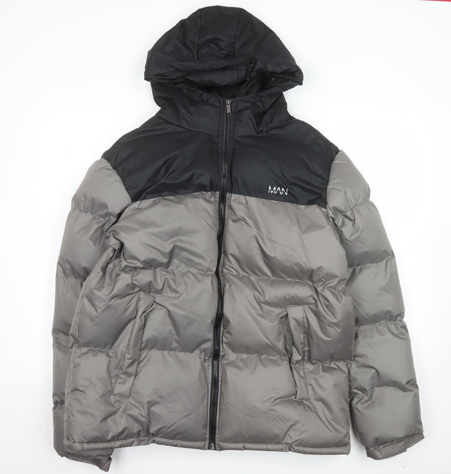 boohooMAN Men’s Grey Black Hooded Puffer Jacket 2XL Winter Coat