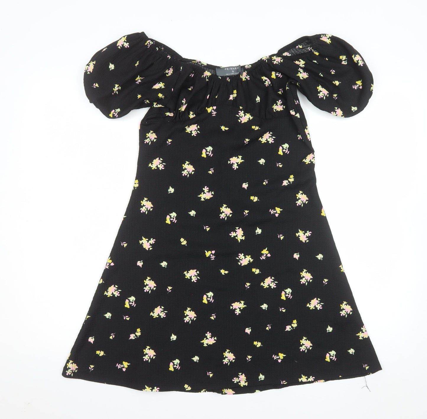 Primark Women's Black Floral Short Puff Sleeve A-Line Dress Size S