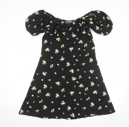 Primark Women's Black Floral Short Puff Sleeve A-Line Dress Size S