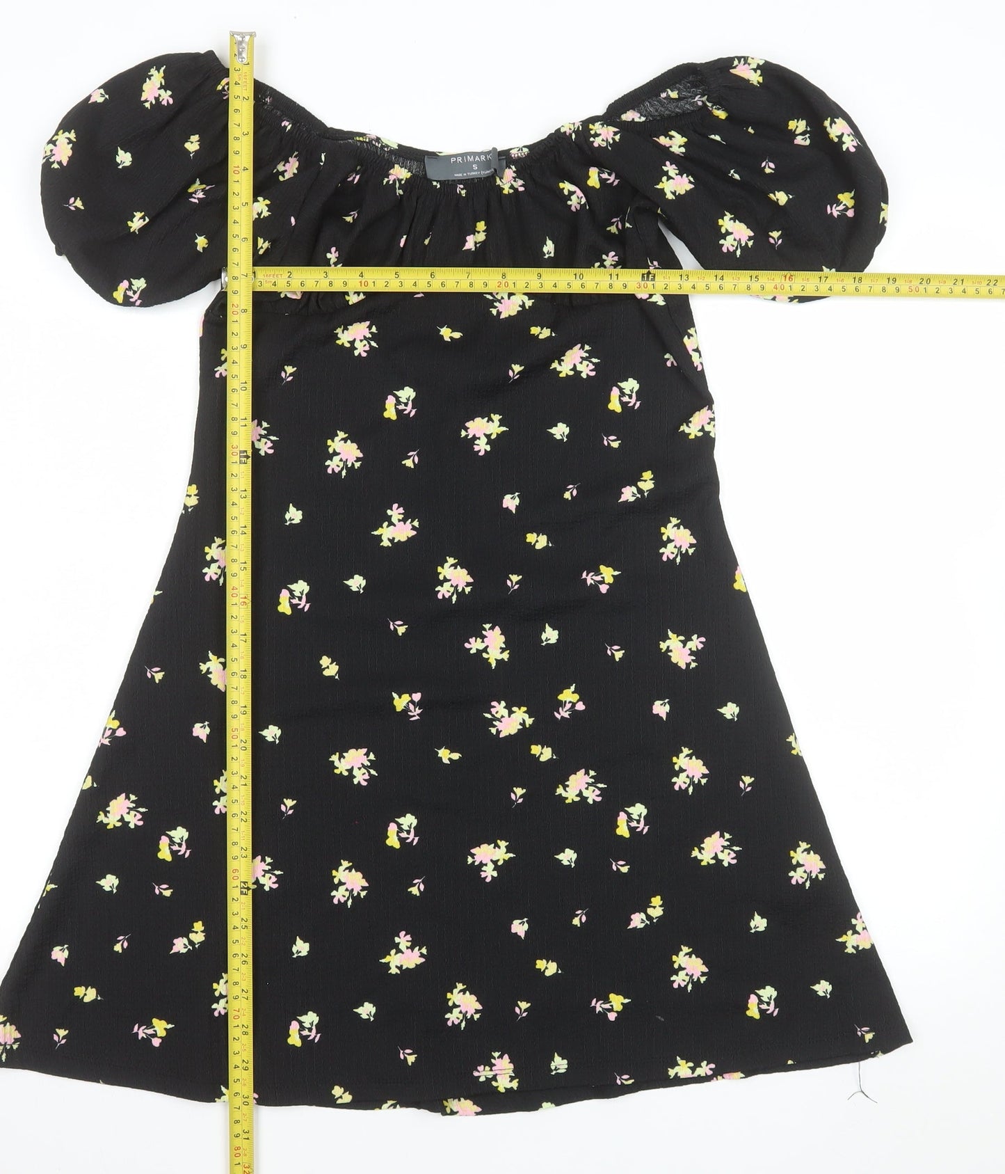 Primark Women's Black Floral Short Puff Sleeve A-Line Dress Size S