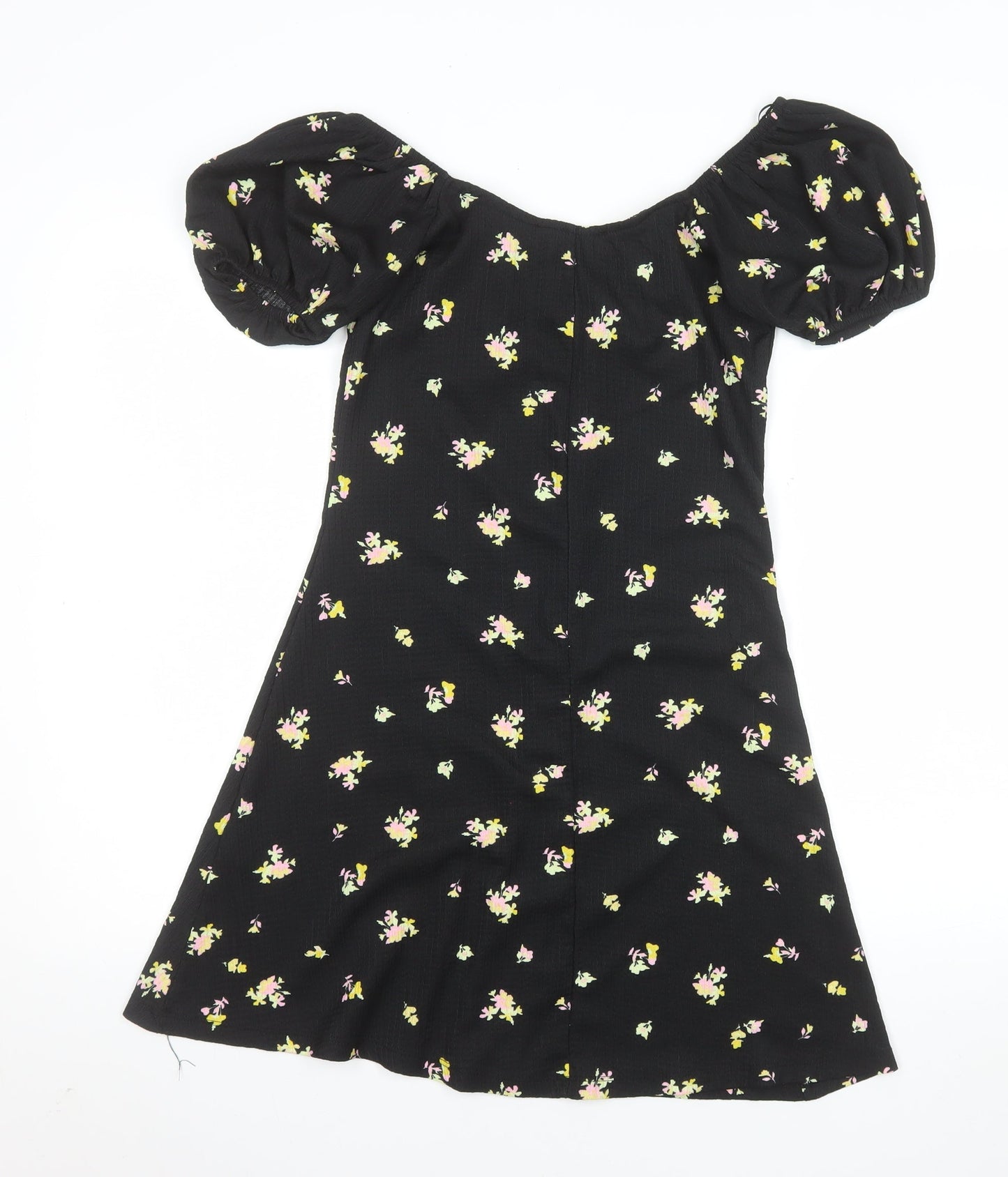 Primark Women's Black Floral Short Puff Sleeve A-Line Dress Size S