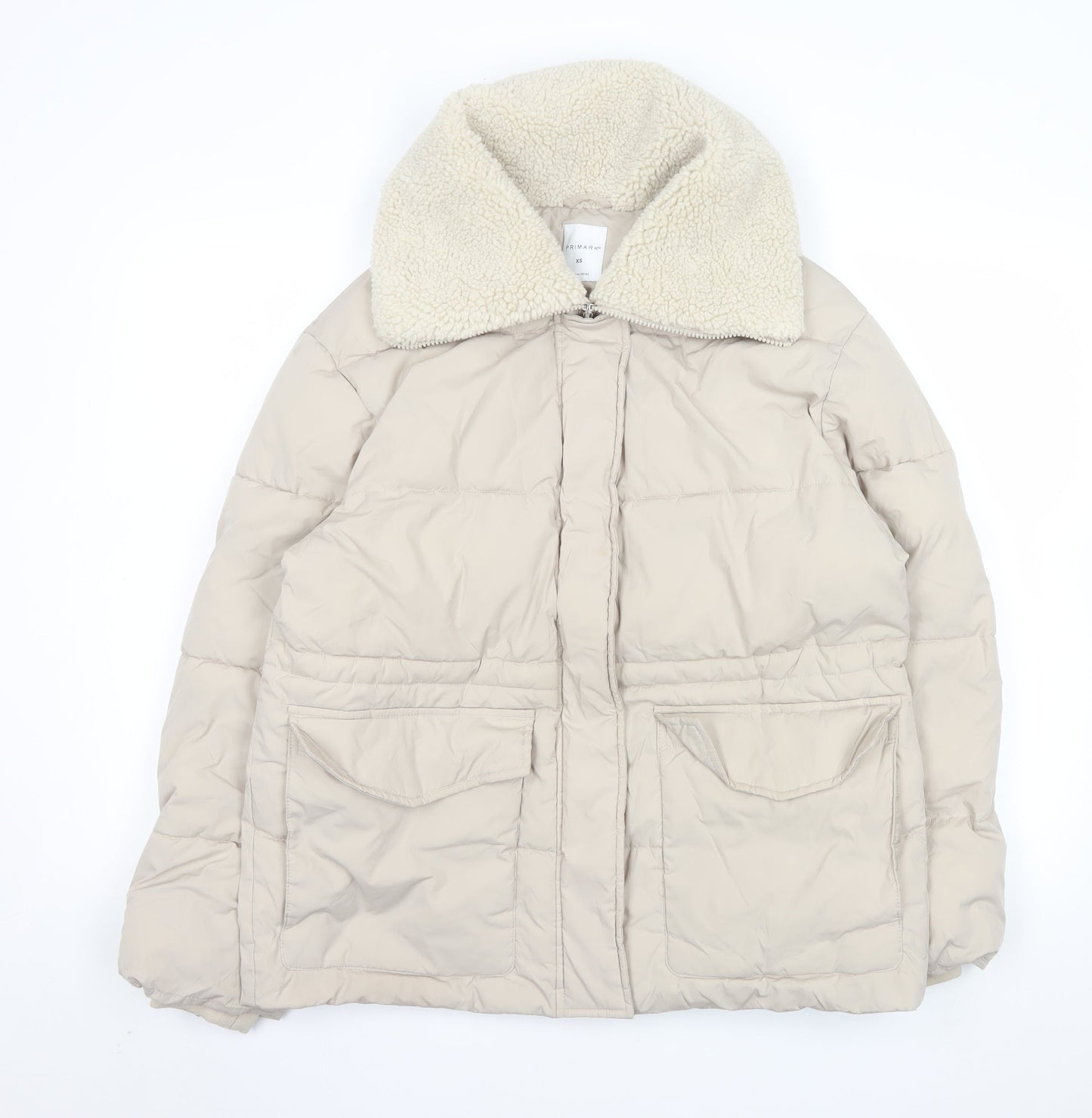 Primark Women’s Beige XS Puffer Jacket with Faux Shearling Collar
