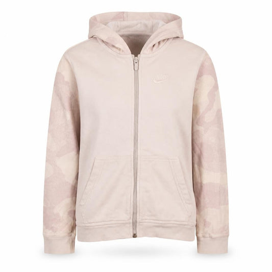Front view of Nike girls’ beige camouflage full zip hoodie m fleece lined sweatshirt