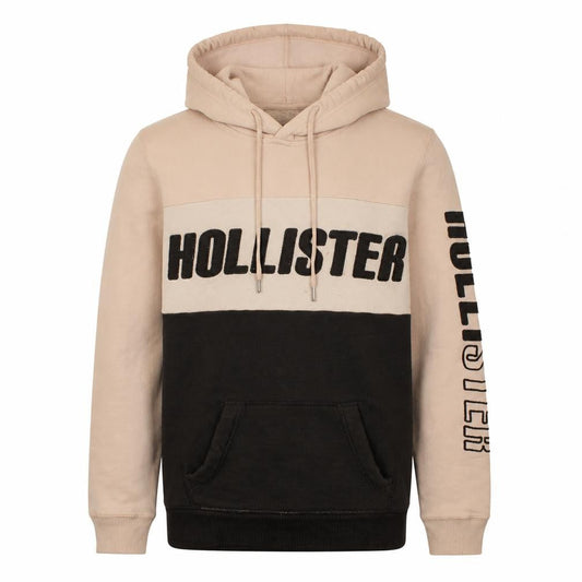 Hollister Men's Beige Pullover Hoodie M Fleece Graphic Logo Sweatshirt