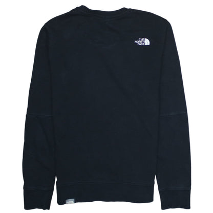 Brand and care label for The North Face boys’ black m crew neck pullover sweatshirt cotton logo
