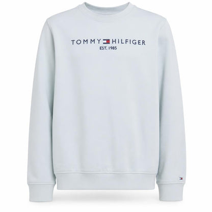 Front view of Tommy Hilfiger boys’ white cotton crew neck sweatshirt, size 164