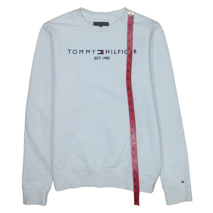 Close-up detail of Tommy Hilfiger boys’ white cotton crew neck sweatshirt, size 164