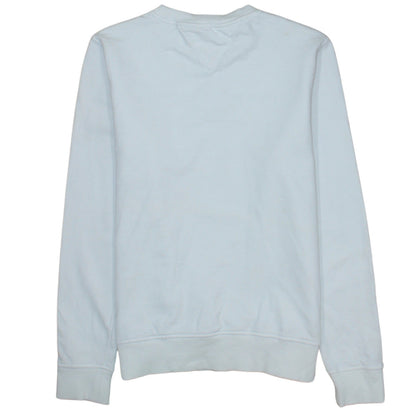 Brand and care label for Tommy Hilfiger boys’ white cotton crew neck sweatshirt, size 164