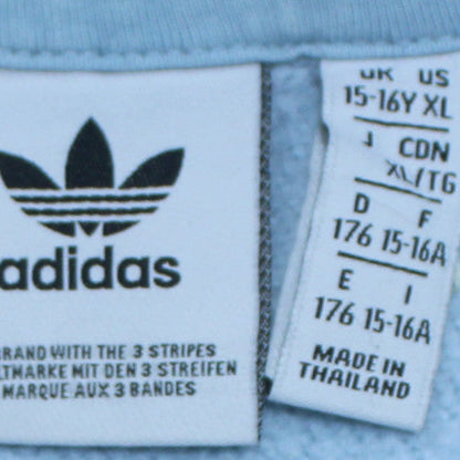 Close-up detail of Adidas girls’ light blue hooded pullover sweatshirt 15-16 years xl
