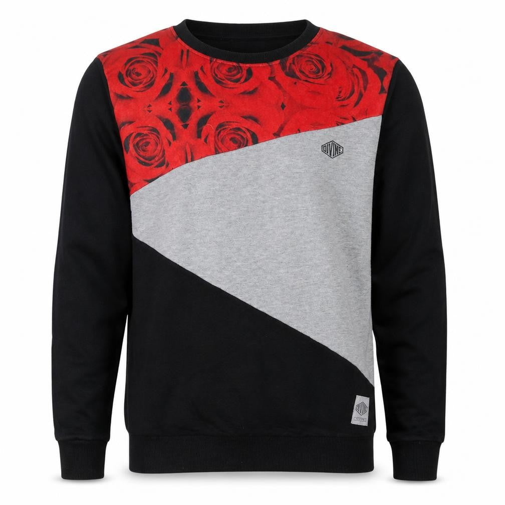 Divine Men’s Black Red Grey Floral Panel Sweatshirt 2XL Regular Fit