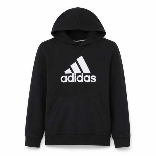 Front view of Adidas boys’ black pullover hoodie 13-14 years graphic logo fleece