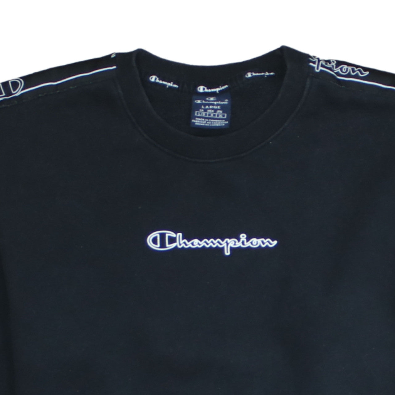 Champion Men's Black Logo Tape Crew Neck Sweatshirt Size L