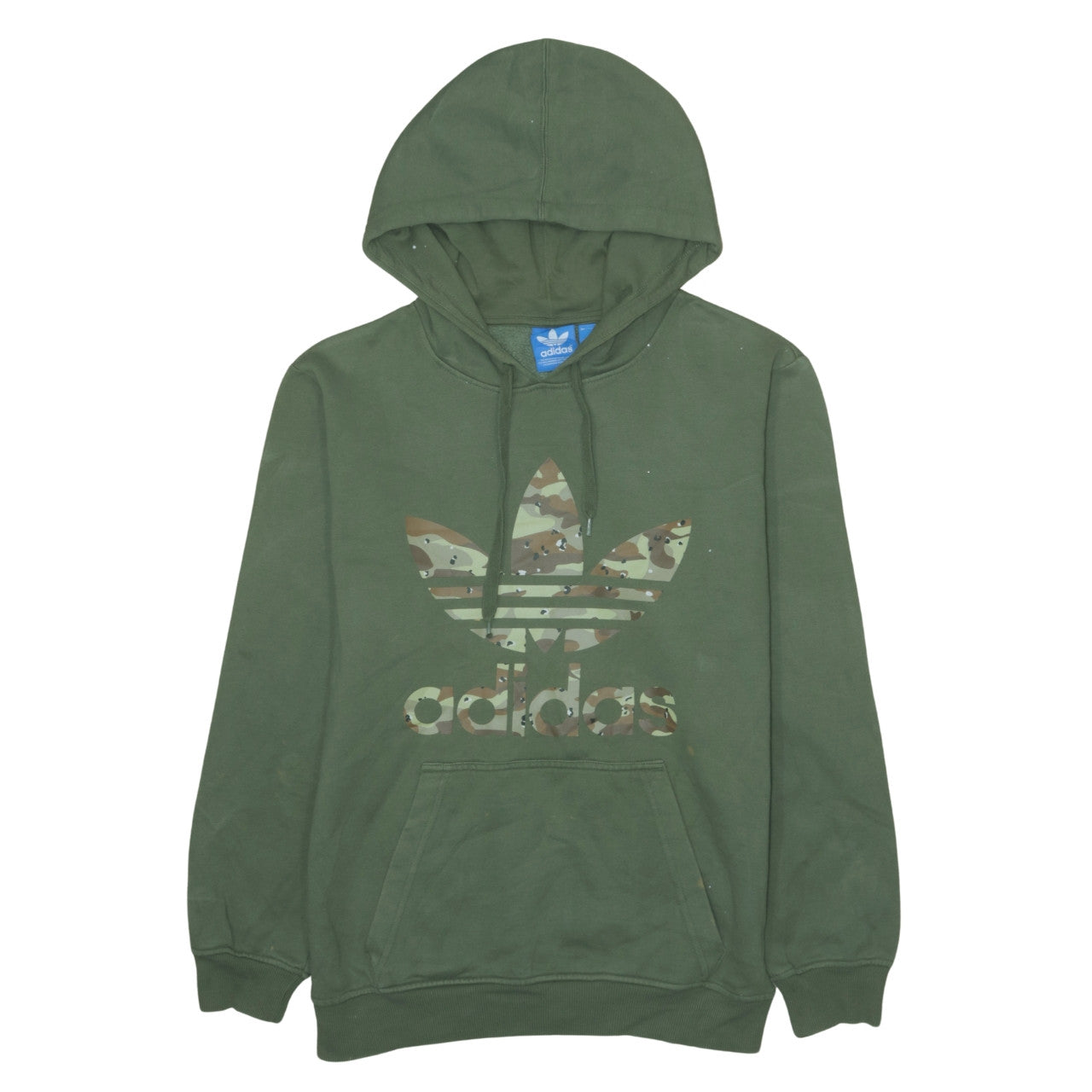 Adidas Men Green Small Pullover Hoodie Camouflage Logo Fleece