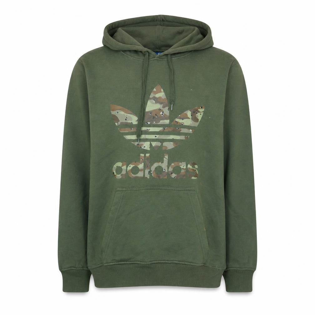 Adidas Men Green Small Pullover Hoodie Camouflage Logo Fleece