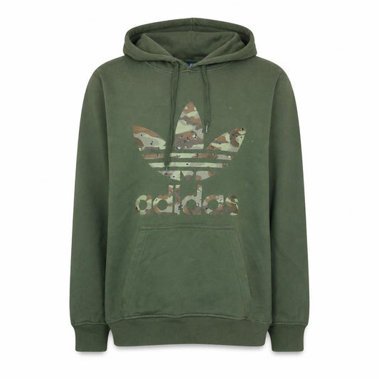 Adidas Men Green Small Pullover Hoodie Camouflage Logo Fleece