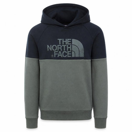 Front view of The North Face boys’ green pullover hoodie l colourblock logo sweatshirt