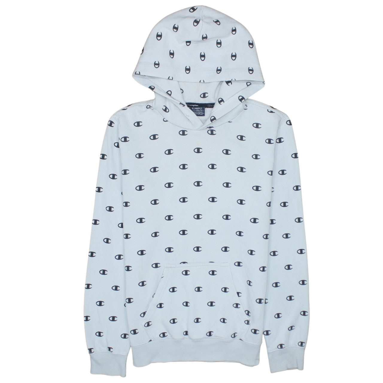 Champion Women’s Light Blue XS Pullover Hoodie All Over Logo Print