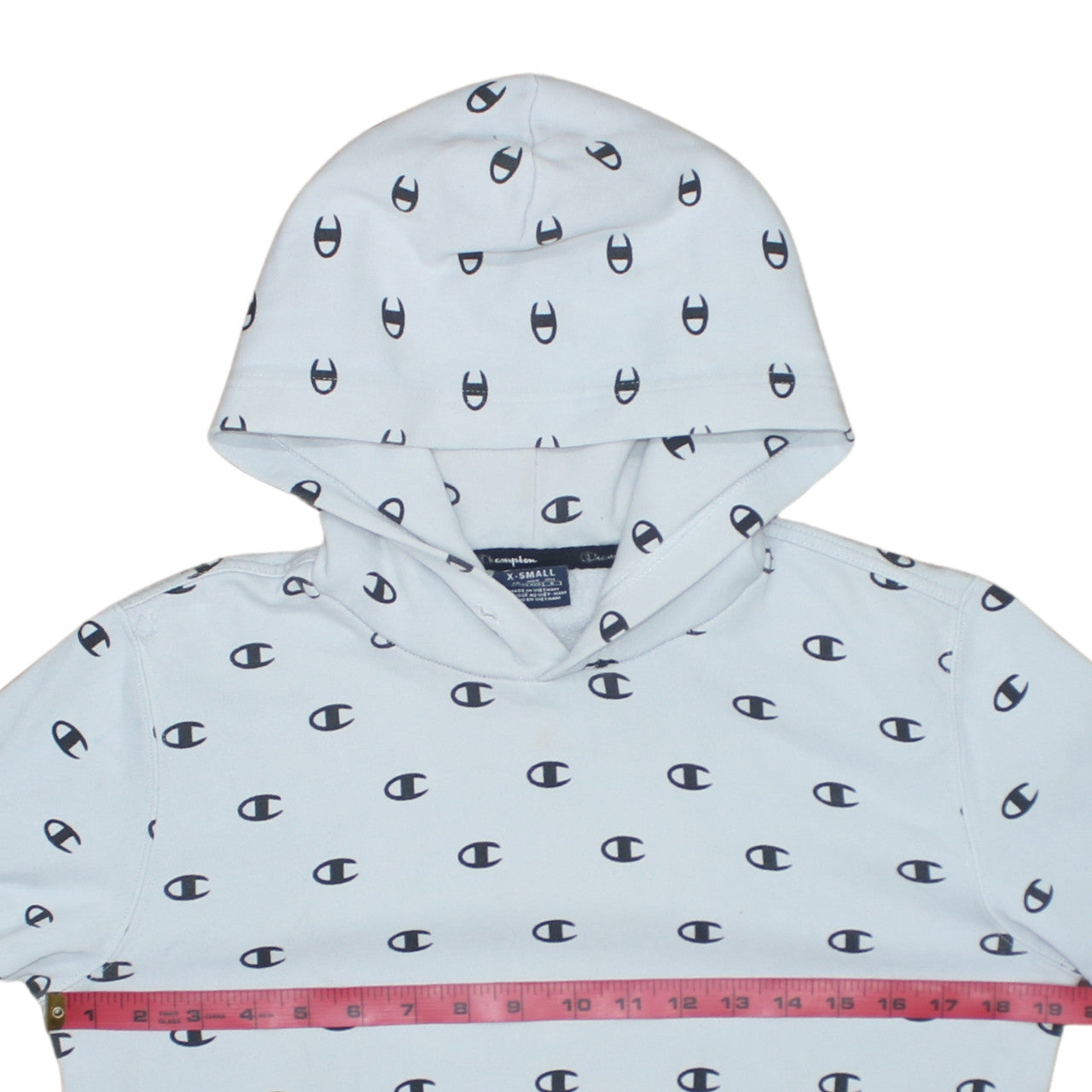Champion Women’s Light Blue XS Pullover Hoodie All Over Logo Print