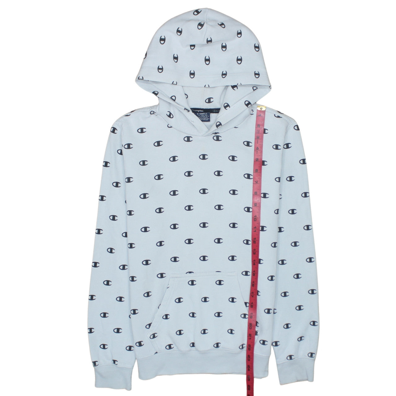 Champion Women’s Light Blue XS Pullover Hoodie All Over Logo Print
