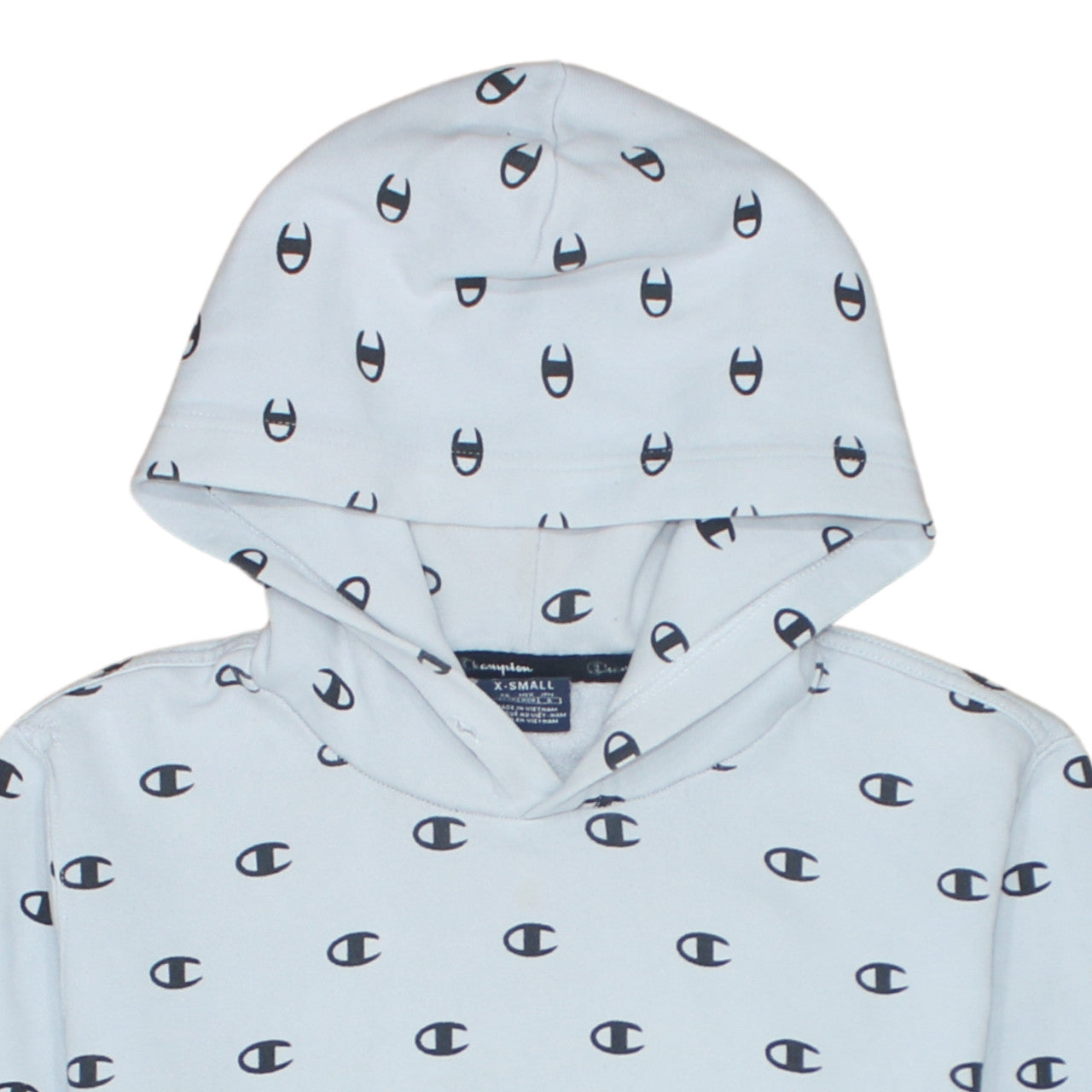 Champion Women’s Light Blue XS Pullover Hoodie All Over Logo Print
