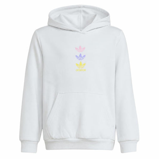 Front view of Adidas girls’ white hooded pullover sweatshirt 11-12 years graphic print