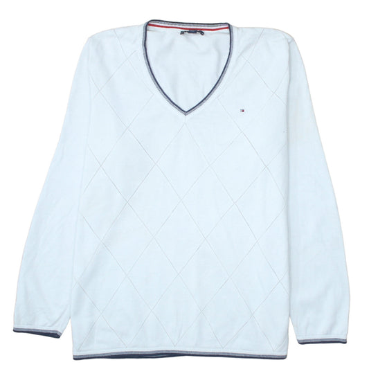 Tommy Hilfiger Men’s White V-Neck Argyle Cotton Jumper L