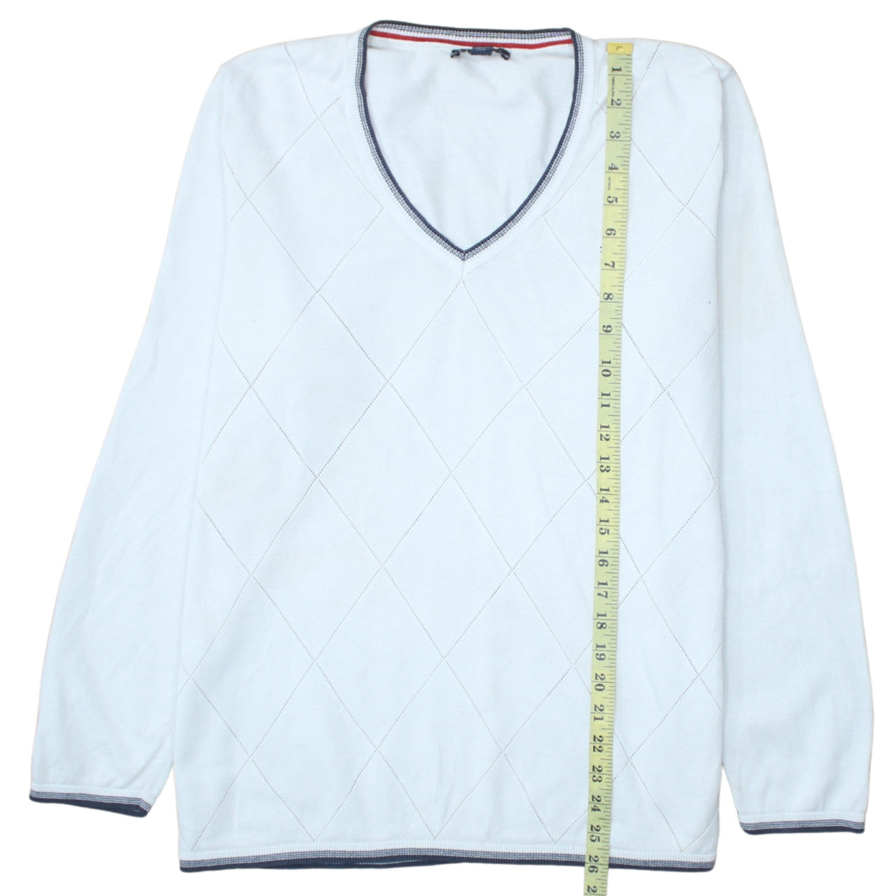 Tommy Hilfiger Men’s White V-Neck Argyle Cotton Jumper L