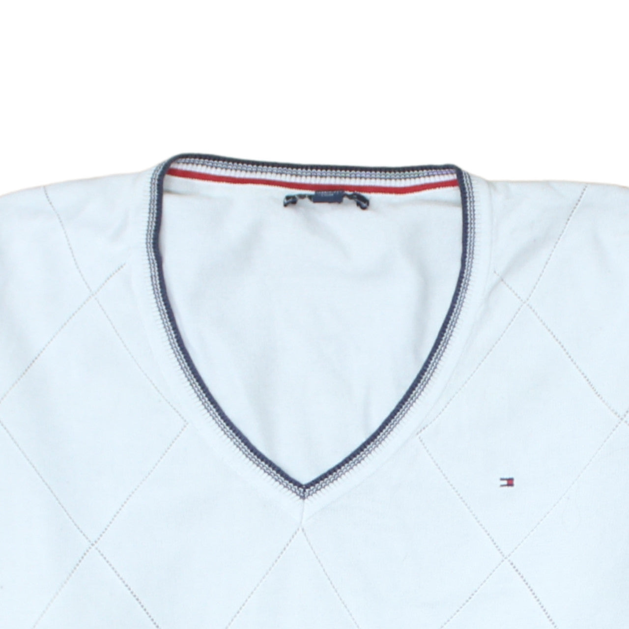 Tommy Hilfiger Men’s White V-Neck Argyle Cotton Jumper L
