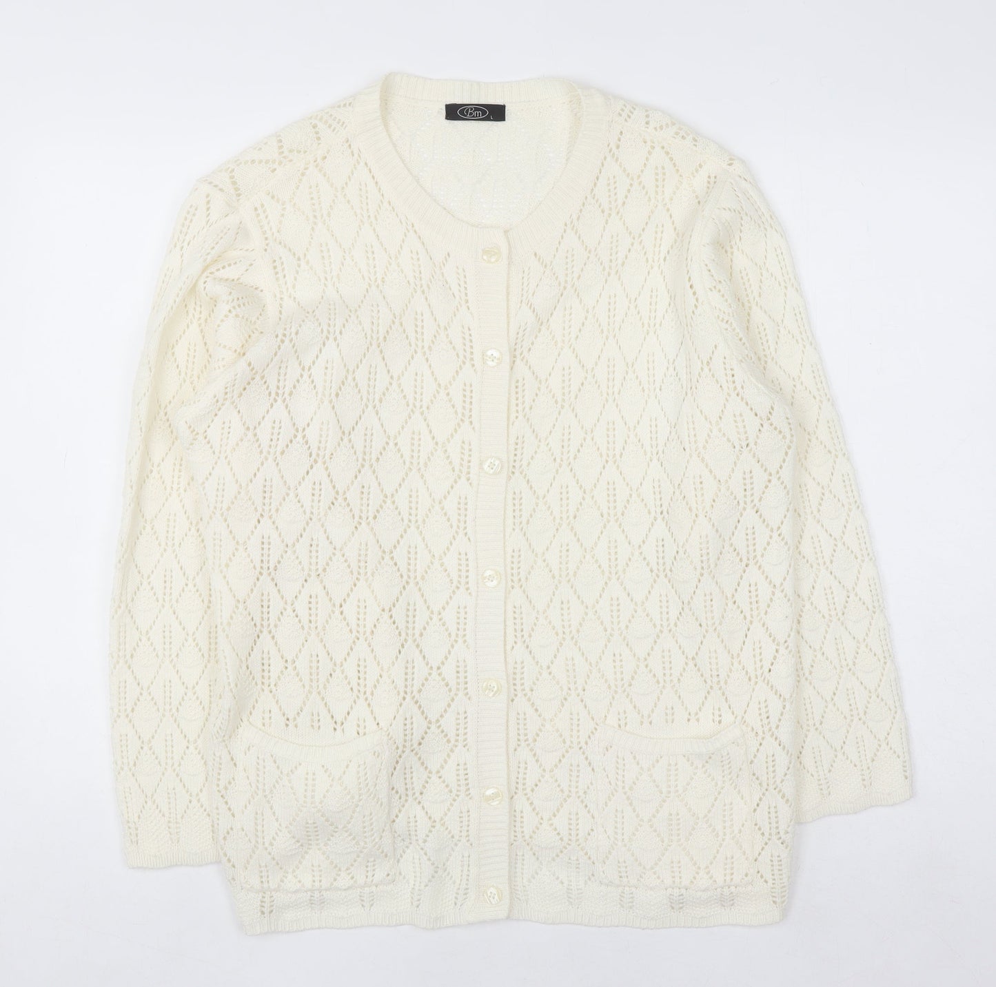 Bm Women Ivory Open-Knit Acrylic Cardigan Size L