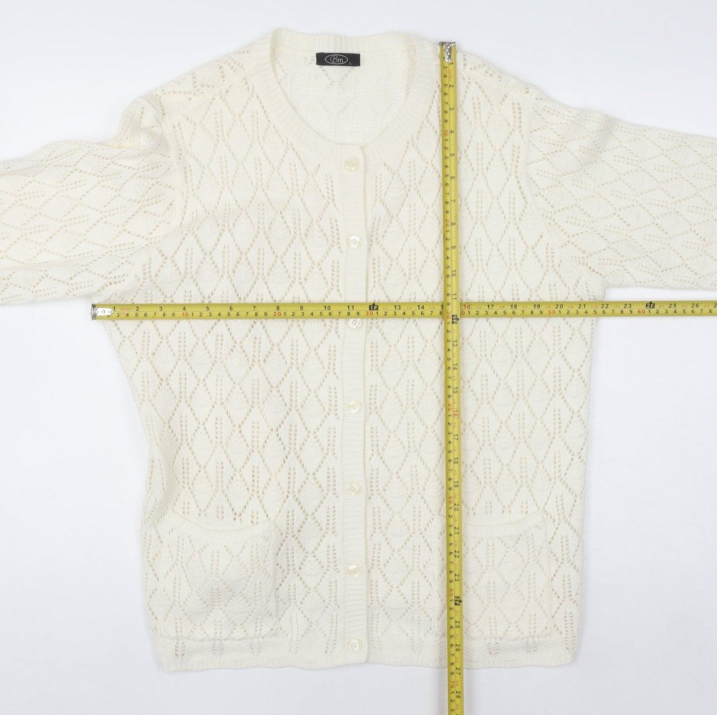 Bm Women Ivory Open-Knit Acrylic Cardigan Size L