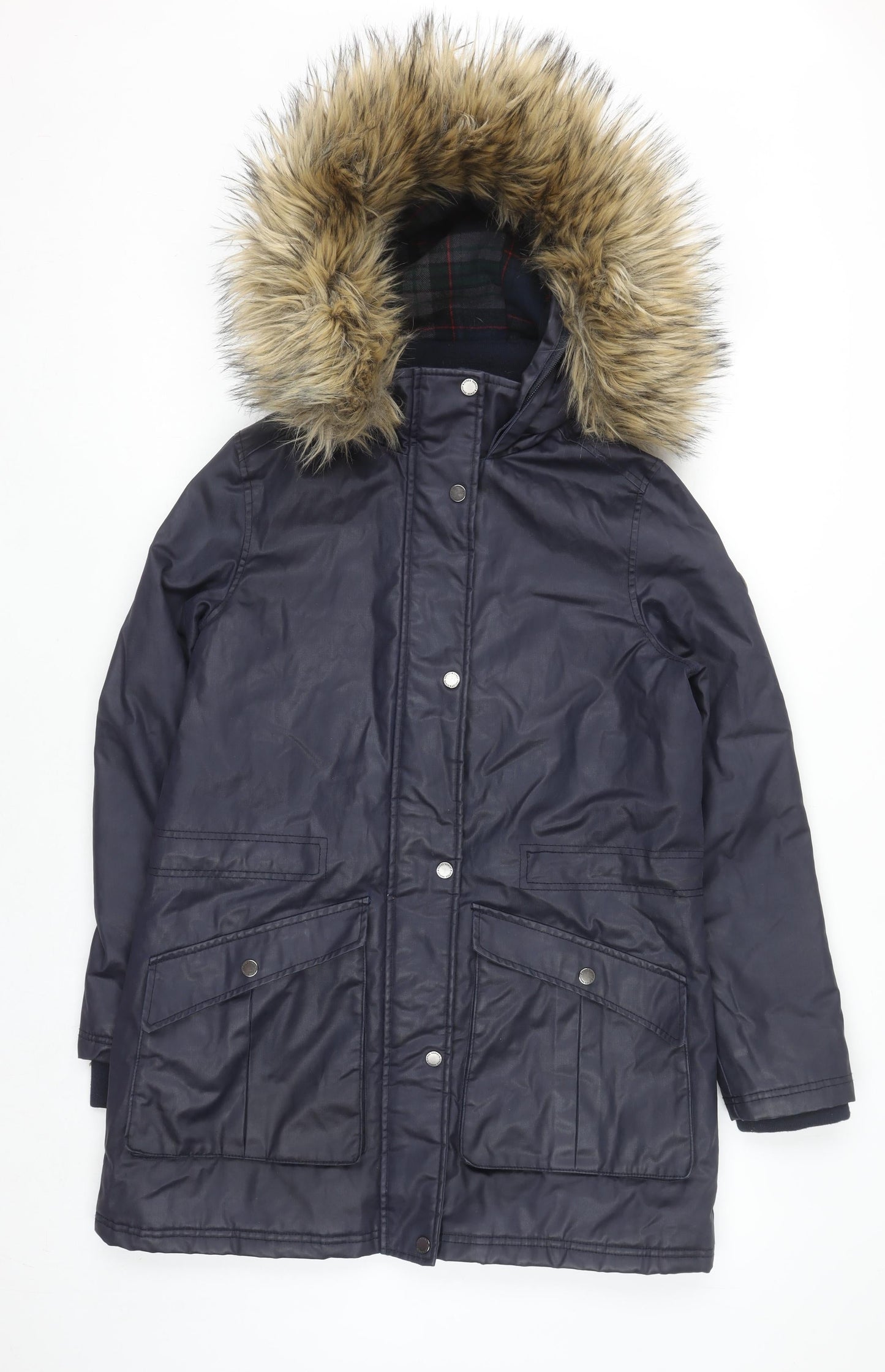 Harvey & Jones Womens Blue Parka Coat 8 Faux Fur Hood Lined Winter Jacket