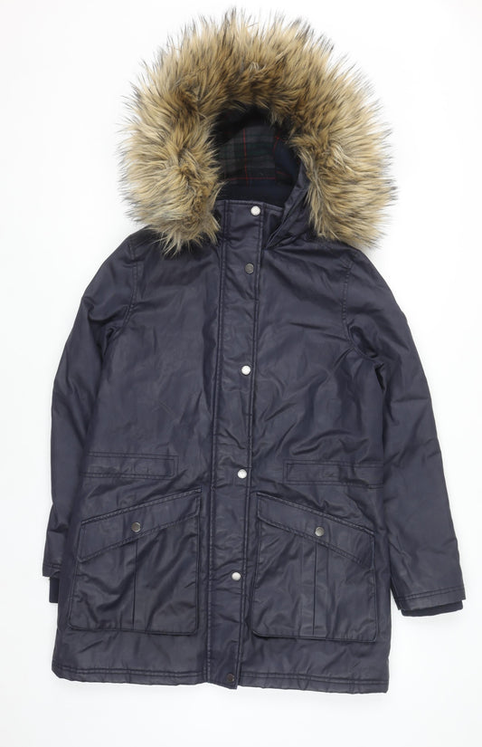 Harvey & Jones Womens Blue Parka Coat 8 Faux Fur Hood Lined Winter Jacket