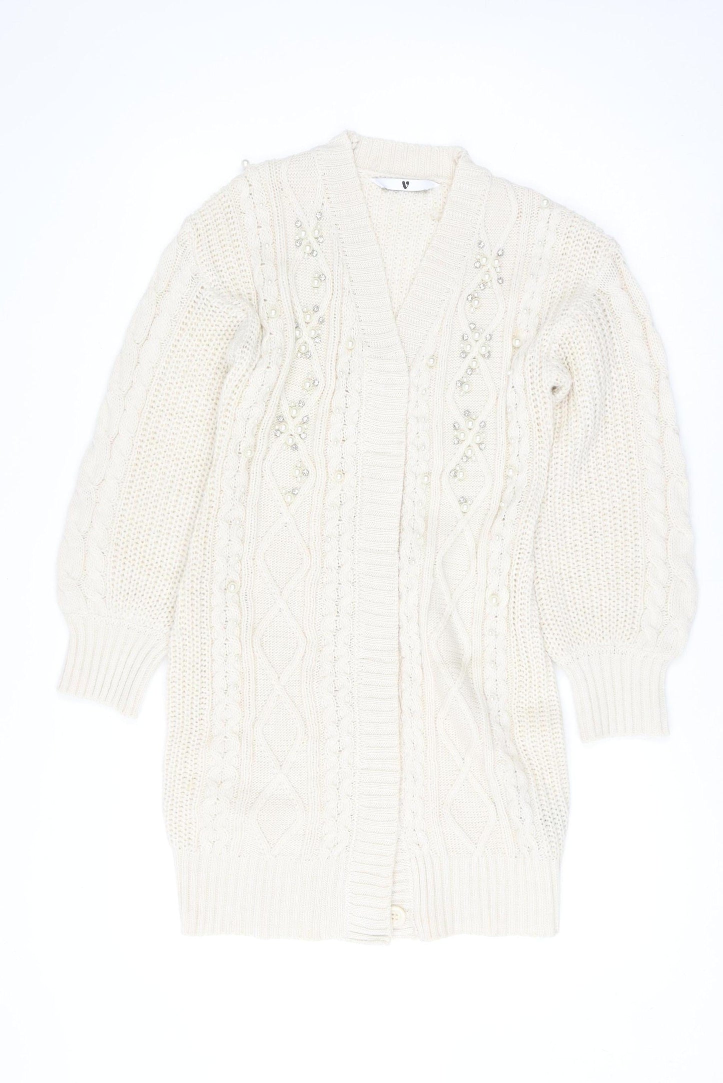Very Women Ivory Beaded Cable-Knit Long Sleeve Cardigan Size 10