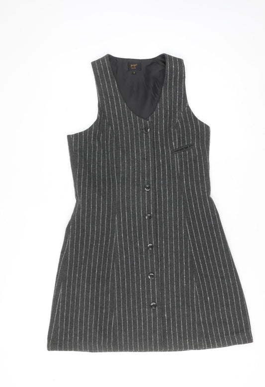 Pop England Women Grey Pinstripe Button Pinafore Dress Size 2