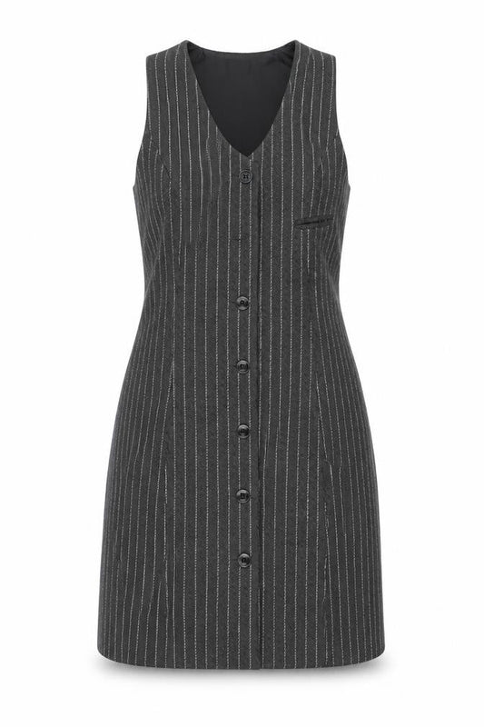 Pop England Women Grey Pinstripe Button Pinafore Dress Size 2