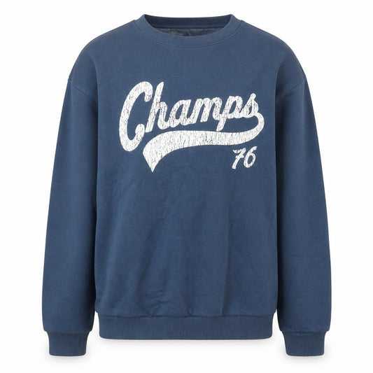 Front view of H&M boys’ blue champs 76 pullover sweatshirt 16 years