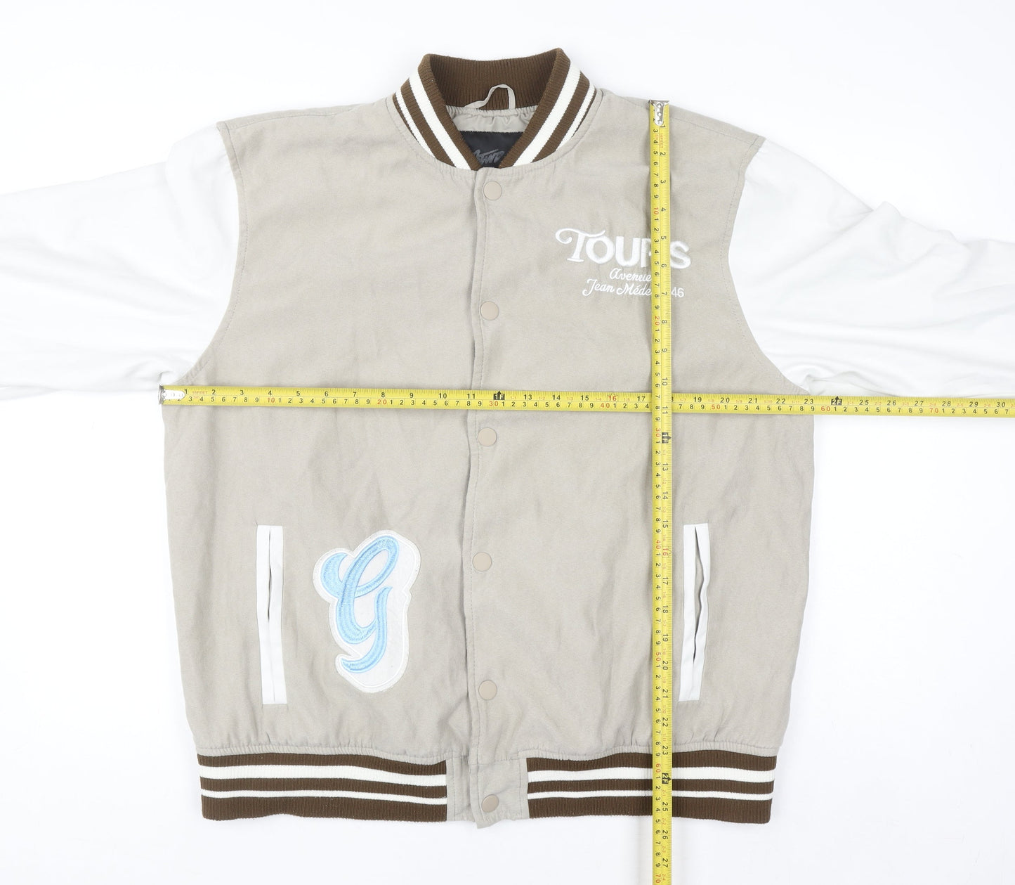 Pull&Bear Men’s Beige Varsity Jacket XL Embroidered College Style
