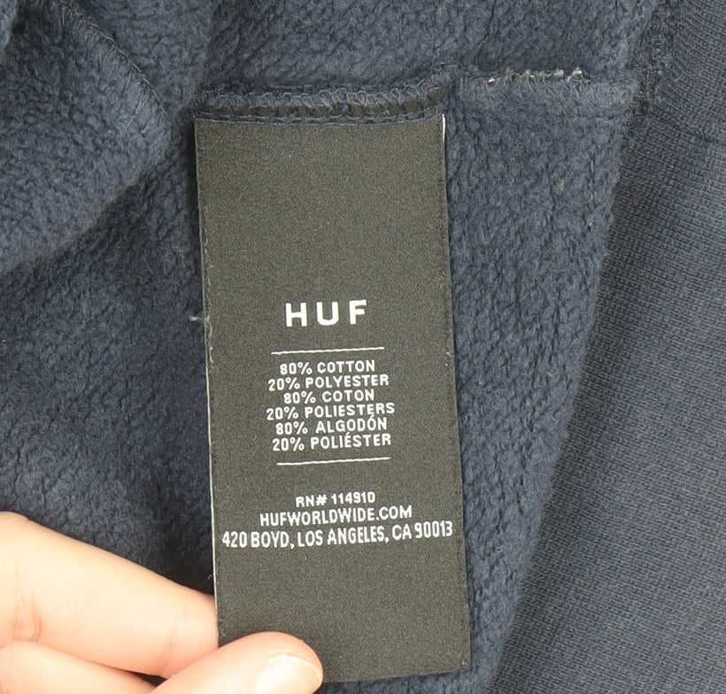 HUF Men’s Blue Full Zip Hoodie M Embroidered Logo Fleece