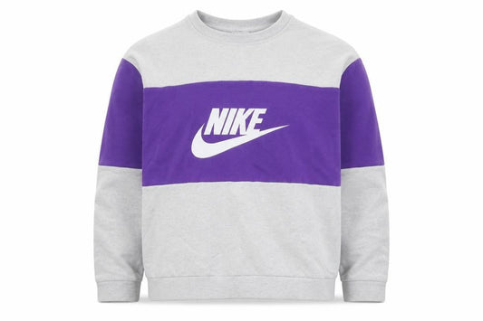 Front view of Nike girls’ purple & grey xl pullover sweatshirt logo colourblock jumper