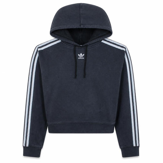 Adidas Women Black Hooded Pullover Hoodie Size 10 Drawstring 3 Stripe