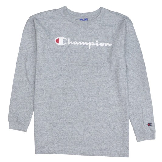 Champion Men's Grey Long Sleeve Crew Neck Logo T-Shirt Size S