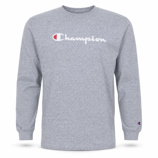 Champion Men's Grey Long Sleeve Crew Neck Logo T-Shirt Size S