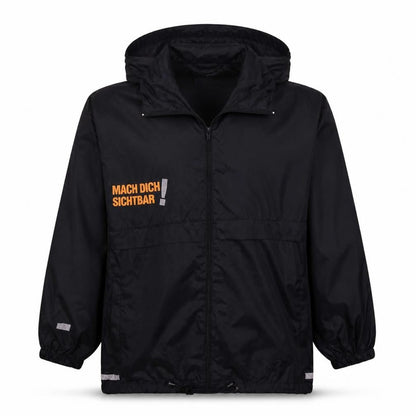 Front view of Sirocco boys’ black hooded windbreaker jacket 15-16 years reflective zip