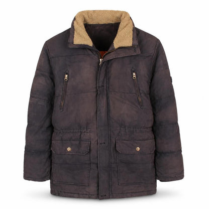Front view of Timberland boys’ blue 16 years winter puffer jacket with faux fur lining