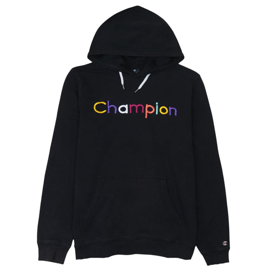 Champion Women Black Hoodie L Pullover Embroidered Logo Cotton Blend