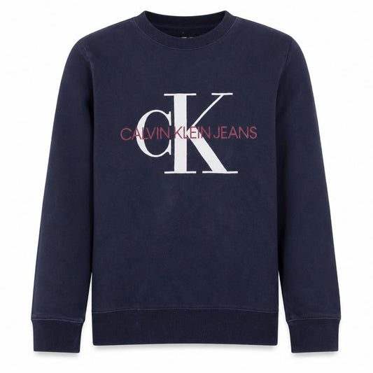 Front view of Calvin Klein Jeans boys’ navy blue logo sweatshirt, size 14, crew neck